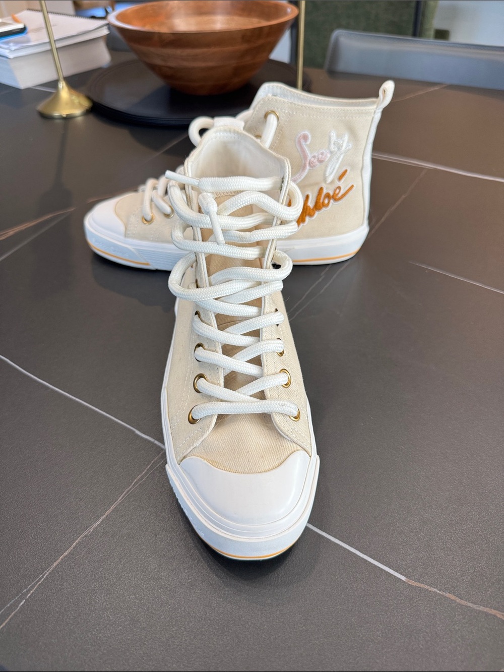 See By Chloé Cream High-Top Canvas Sneakers with Gold Script - Picture 2 of 12
